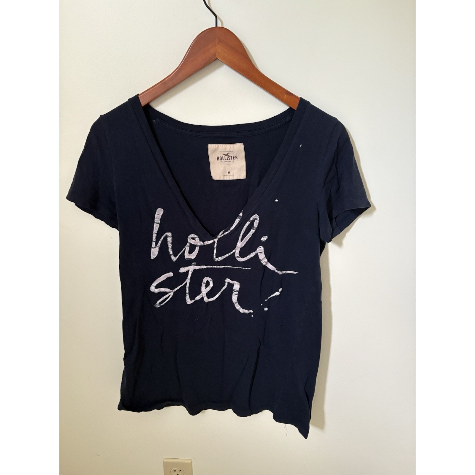 Vintage Y2k Hollister Womens Size M T-Shirt Logo Fitted Stretch V-Neck Blue Flaw